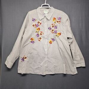 Quacker Factory Top Women 2X Floral Embroidered Striped Long Sleeve Button Up